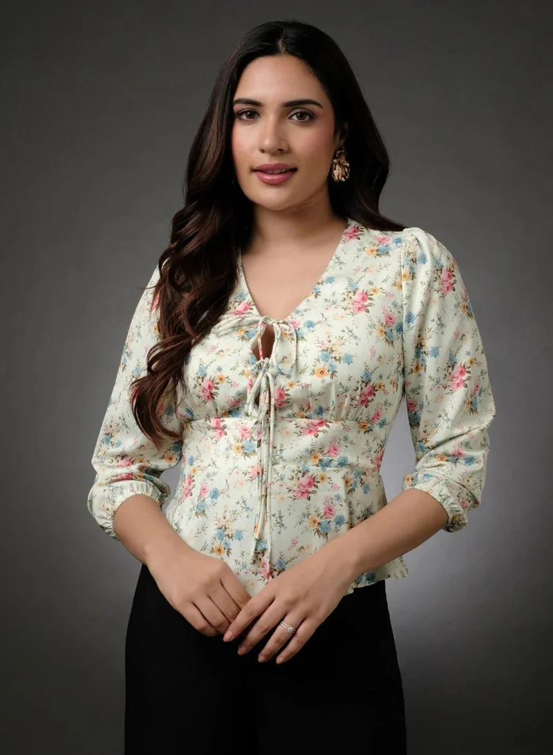 Zigzag Corset Front Tie Peplum Chiffon Printed Top